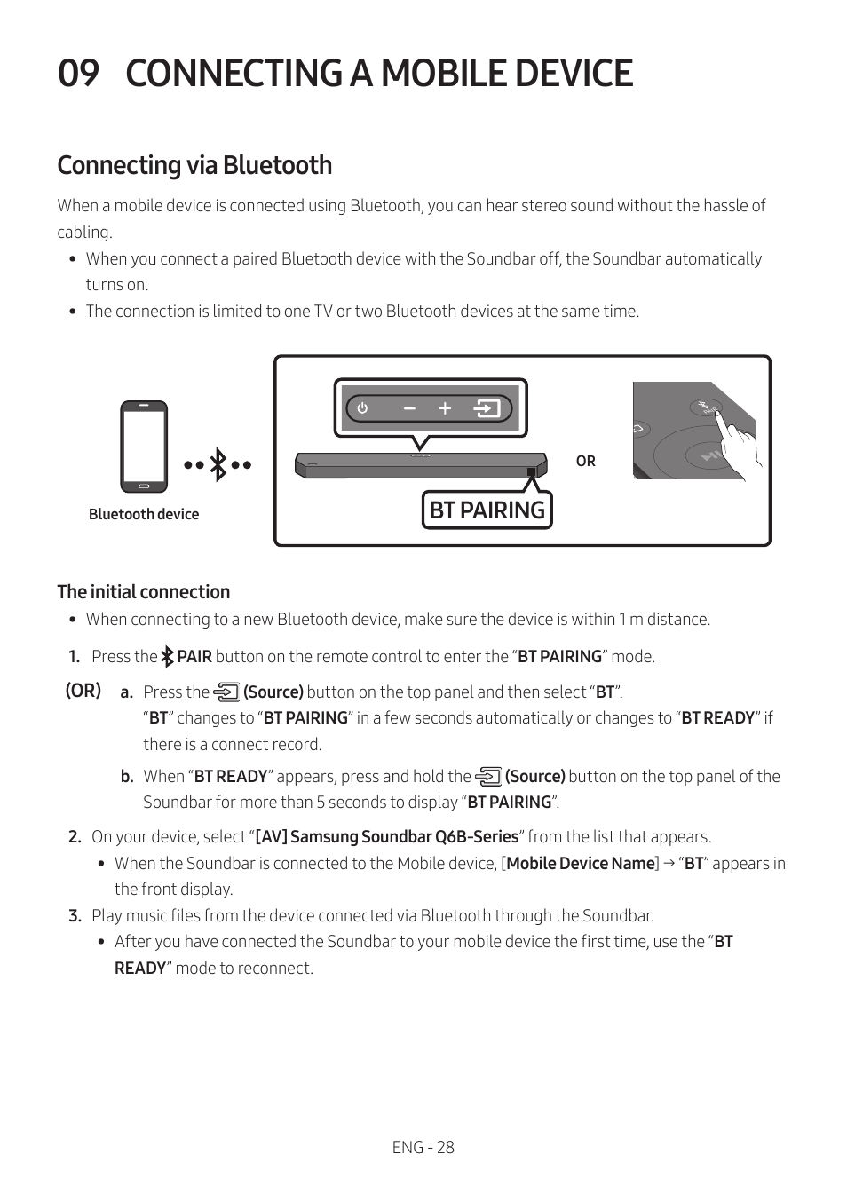 09 connecting a mobile device, Connecting via bluetooth, Connecting a mobile device | Bt pairing | Samsung HW-Q600B 3.1.2-Channel Soundbar System User Manual | Page 28 / 127