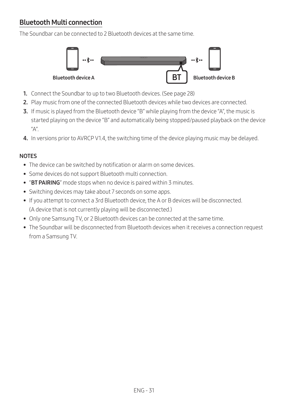 Bluetooth multi connection | Samsung HW-Q600B 3.1.2-Channel Soundbar System User Manual | Page 31 / 127