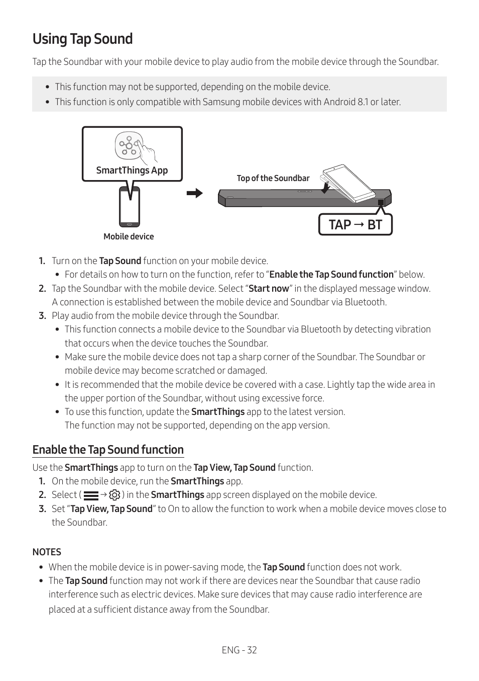Using tap sound, Tap  bt, Enable the tap sound function | Samsung HW-Q600B 3.1.2-Channel Soundbar System User Manual | Page 32 / 127
