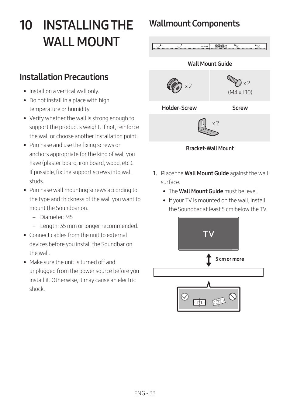 10 installing the wall mount, Installation precautions, Wallmount components | Installing the wall mount | Samsung HW-Q600B 3.1.2-Channel Soundbar System User Manual | Page 33 / 127