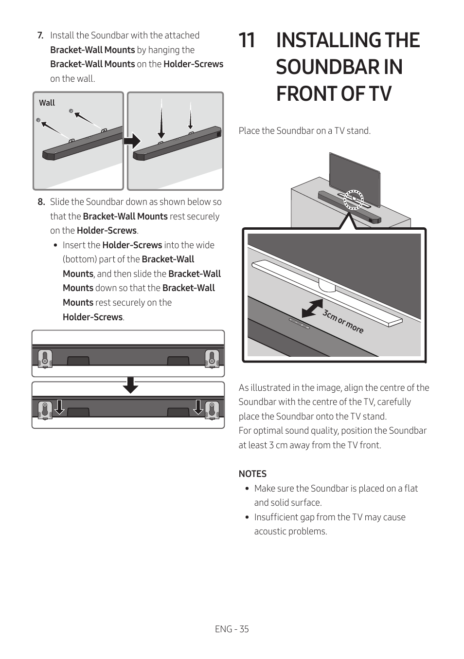 11 installing the soundbar in front of tv, Installing the soundbar in front of tv | Samsung HW-Q600B 3.1.2-Channel Soundbar System User Manual | Page 35 / 127