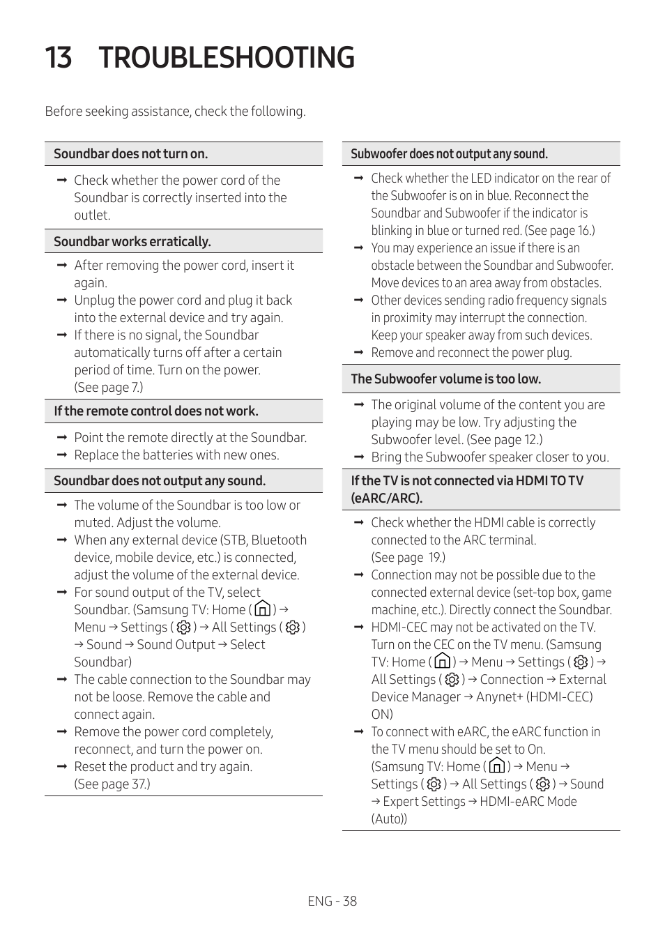 13 troubleshooting | Samsung HW-Q600B 3.1.2-Channel Soundbar System User Manual | Page 38 / 127