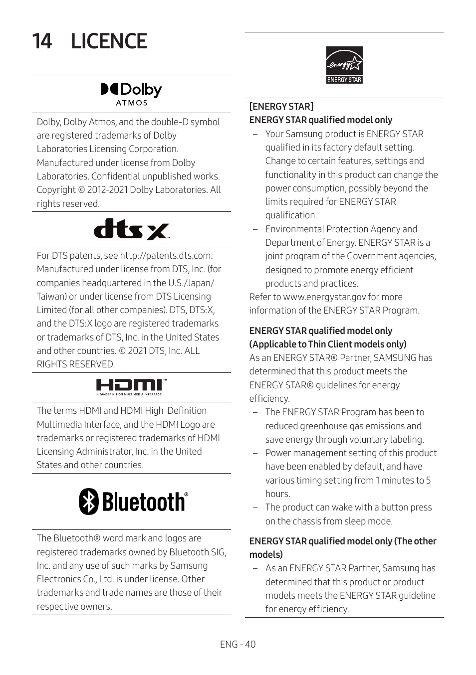 14 licence | Samsung HW-Q600B 3.1.2-Channel Soundbar System User Manual | Page 40 / 127