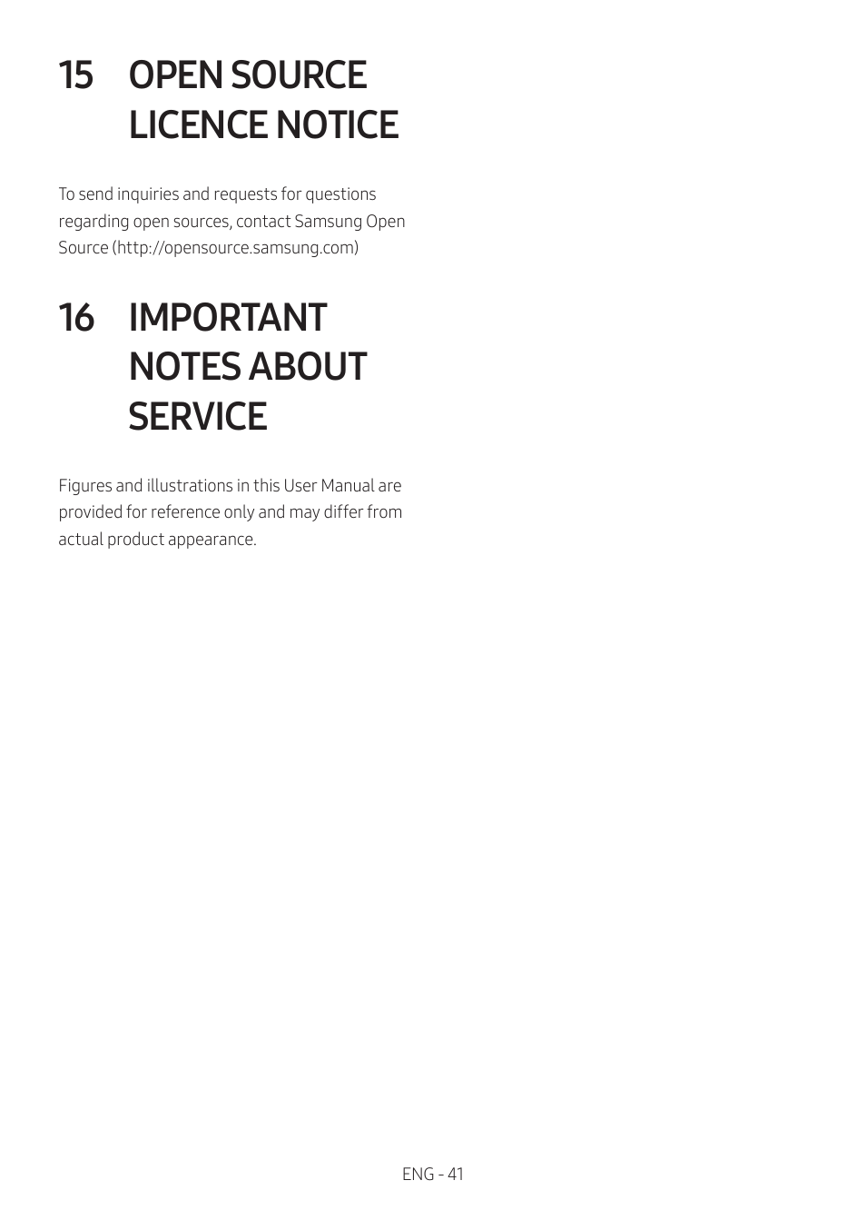 15 open source licence notice, 16 important notes about service, Open source licence notice | Important notes about service | Samsung HW-Q600B 3.1.2-Channel Soundbar System User Manual | Page 41 / 127