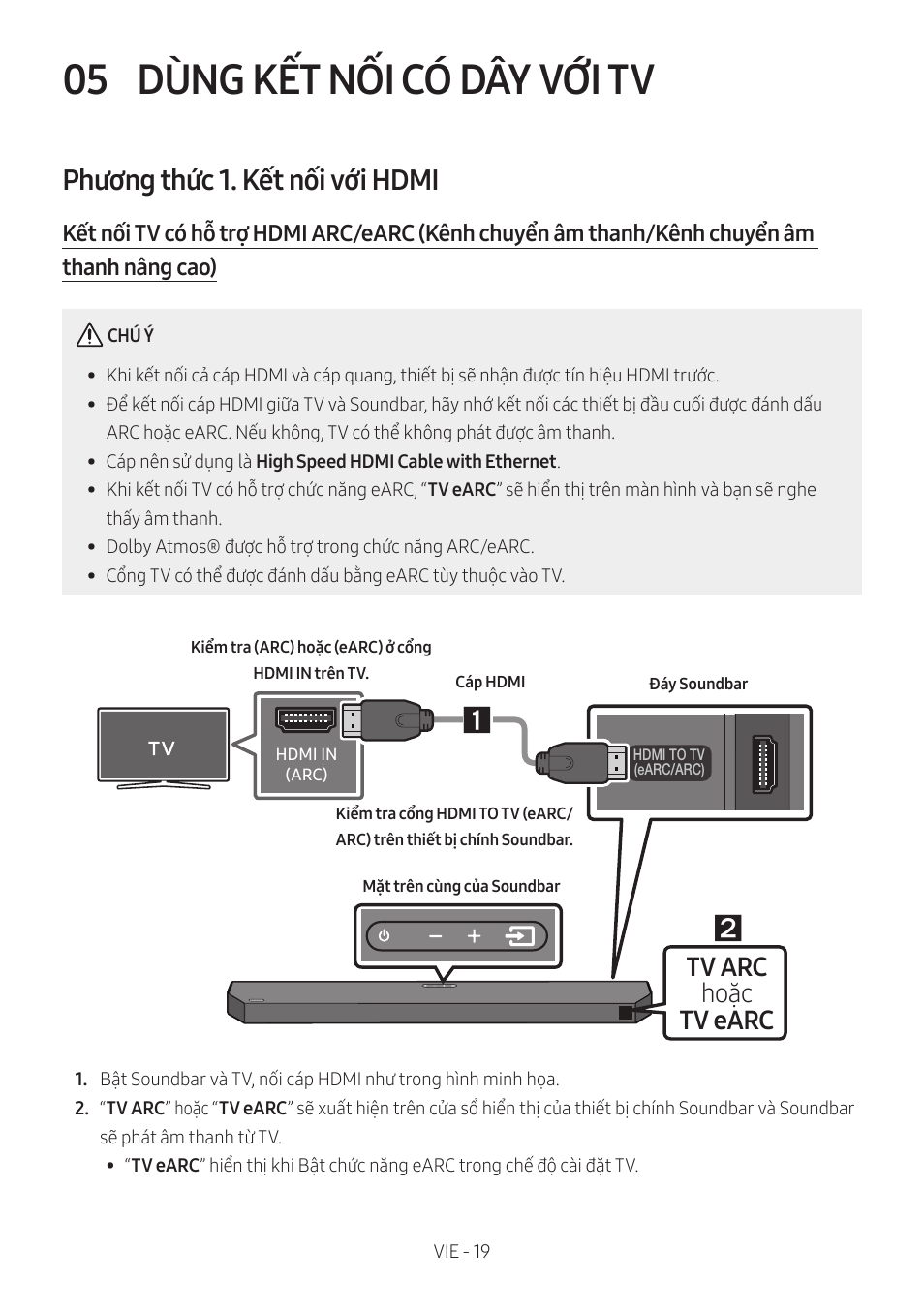 05 dùng kết nối có dây với tv, Phương thức 1. kết nối với hdmi, Dùng kết nối có dây với tv | Tv arc hoặc tv earc | Samsung HW-Q600B 3.1.2-Channel Soundbar System User Manual | Page 60 / 127