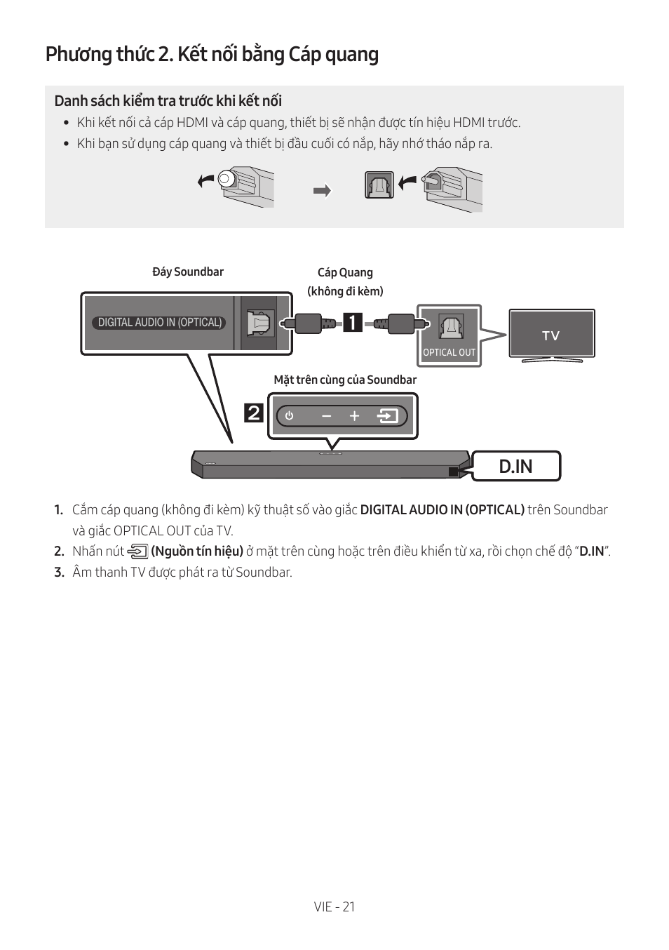 Phương thức 2. kết nối bằng cáp quang, D.in | Samsung HW-Q600B 3.1.2-Channel Soundbar System User Manual | Page 62 / 127