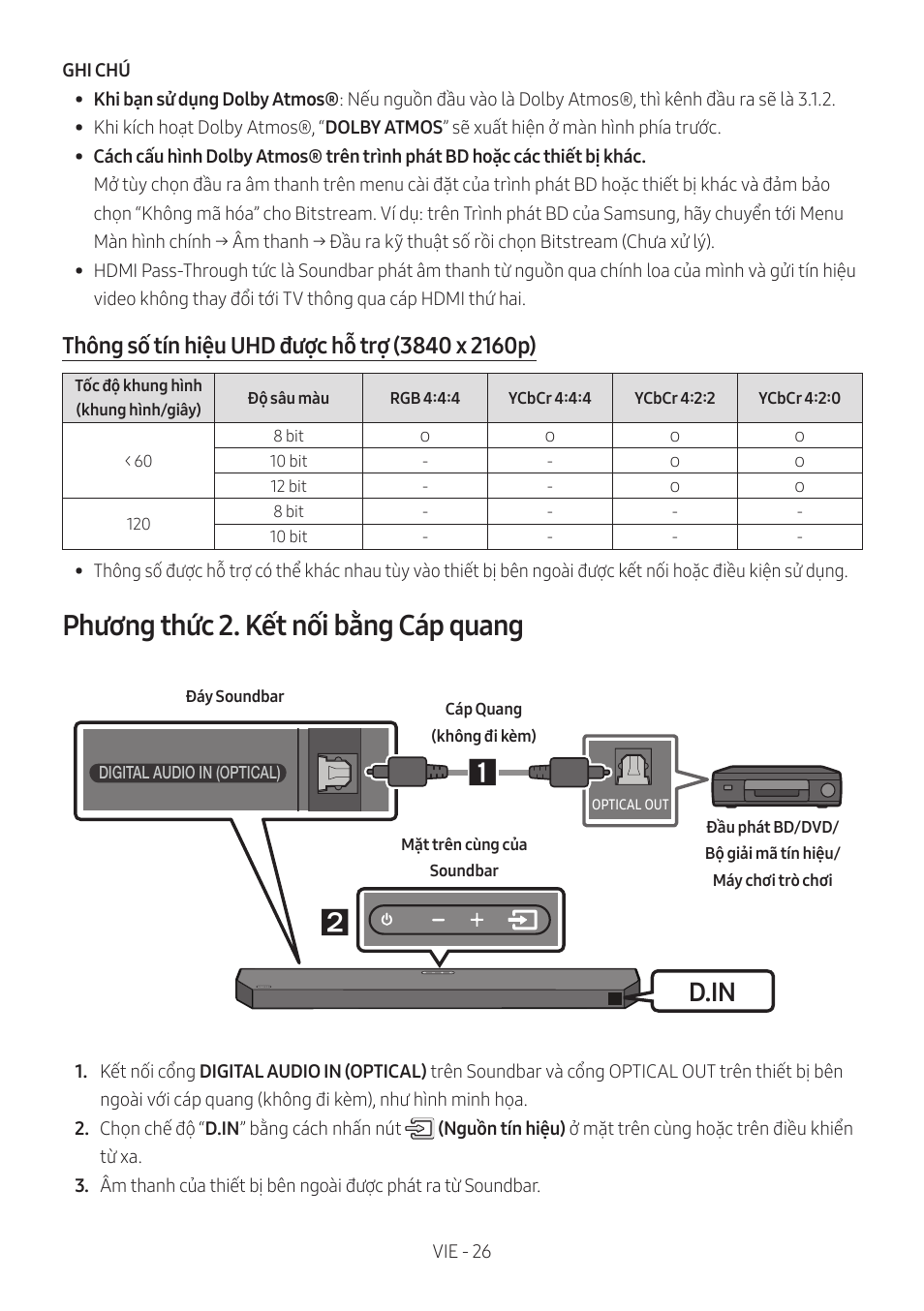 Phương thức 2. kết nối bằng cáp quang, D.in | Samsung HW-Q600B 3.1.2-Channel Soundbar System User Manual | Page 67 / 127