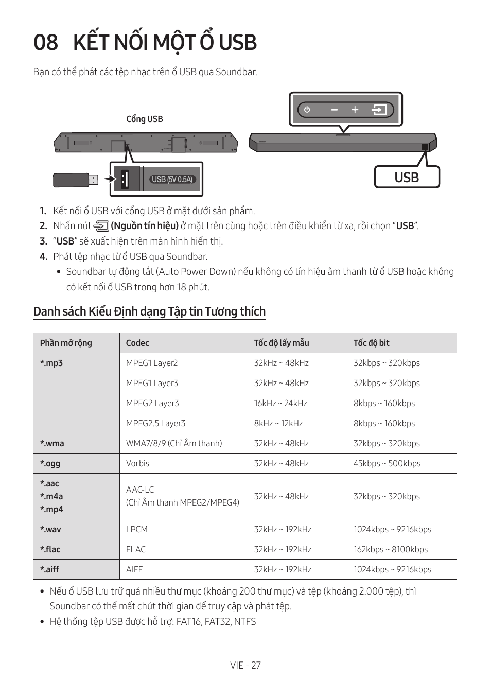 08 kết nối một ổ usb, Kết nối một ổ usb, 08 kết nối một ổ usb | Danh sách kiểu định dạng tập tin tương thích | Samsung HW-Q600B 3.1.2-Channel Soundbar System User Manual | Page 68 / 127