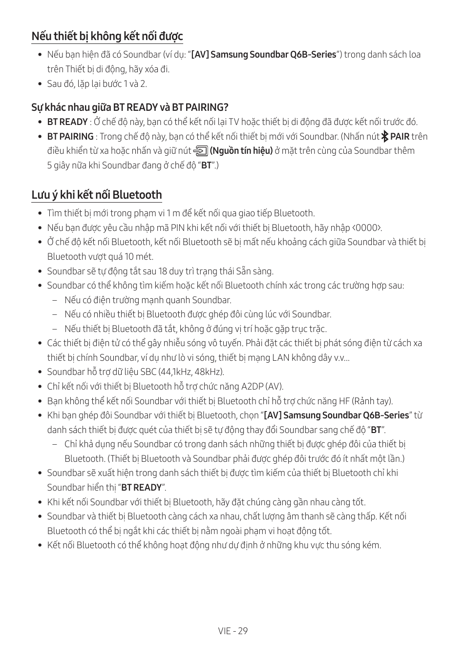 Nếu thiết bị không kết nối được, Lưu ý khi kết nối bluetooth | Samsung HW-Q600B 3.1.2-Channel Soundbar System User Manual | Page 70 / 127