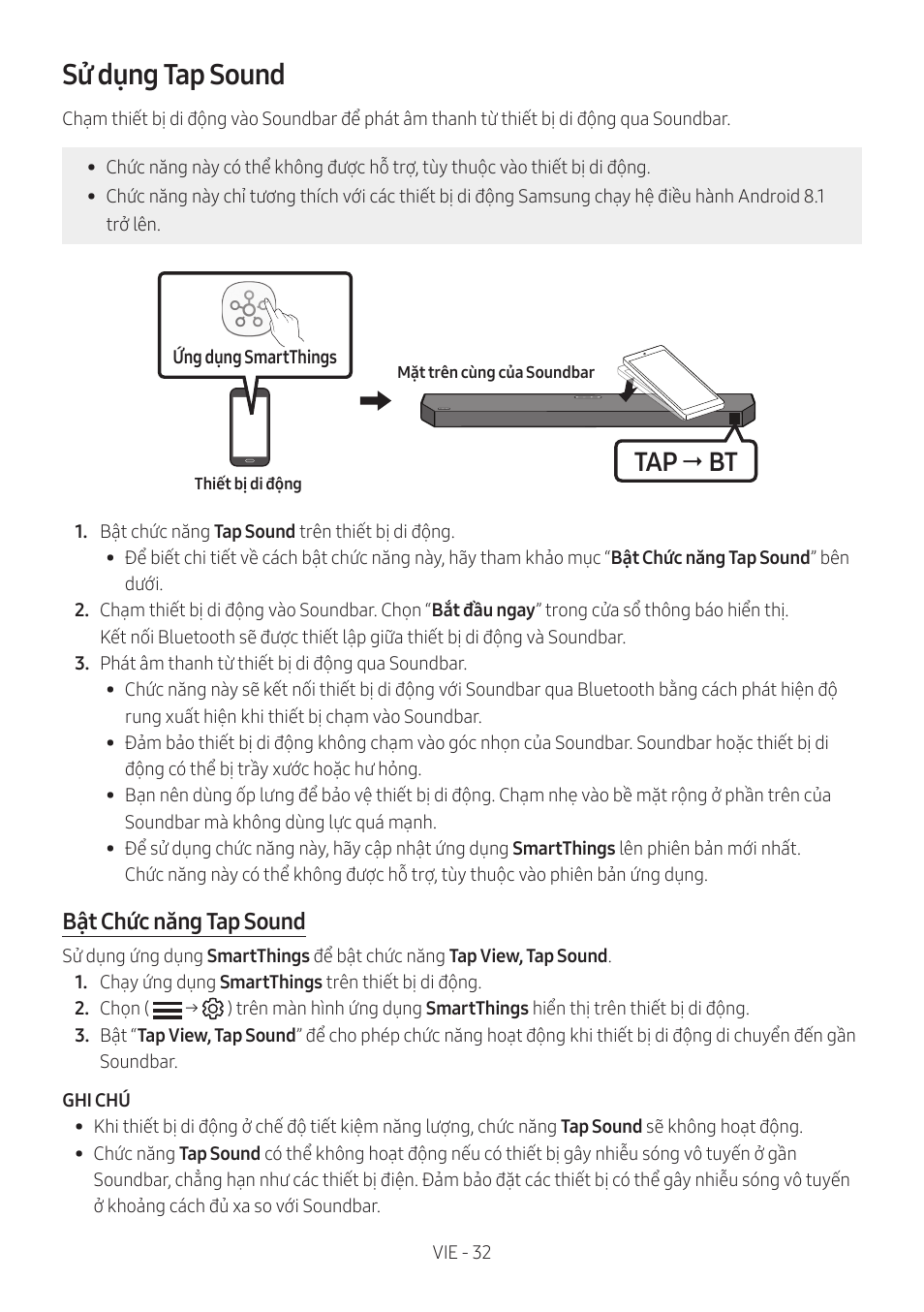 Sử dụng tap sound, Tap  bt, Bật chức năng tap sound | Samsung HW-Q600B 3.1.2-Channel Soundbar System User Manual | Page 73 / 127