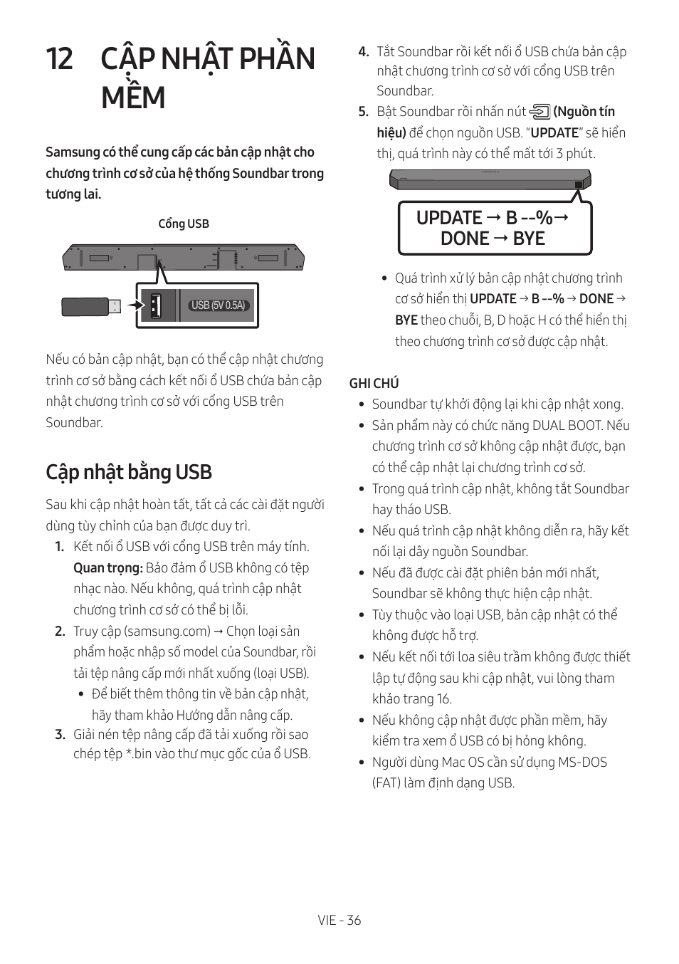 12 cập nhật phần mềm, Cập nhật bằng usb, Cập nhật phần mềm | Update  b --%  done  bye | Samsung HW-Q600B 3.1.2-Channel Soundbar System User Manual | Page 77 / 127