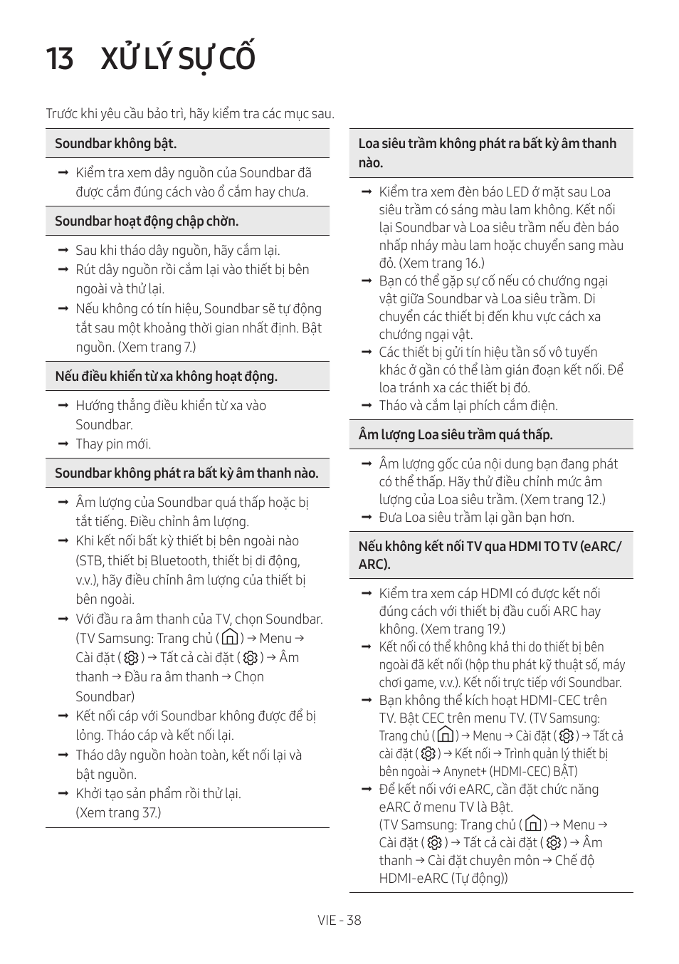 13 xử lý sự cô, Xử lý sự cố, 13 xử lý sự cố | Samsung HW-Q600B 3.1.2-Channel Soundbar System User Manual | Page 79 / 127