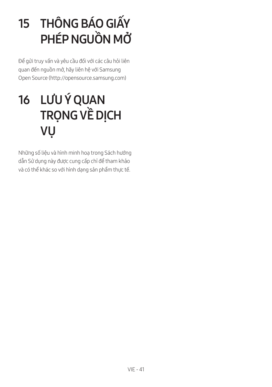 15 thông báo giấy phép nguồn mơ, 16 lưu ý quan trọng về dịch vụ, Thông báo giấy phép nguồn mơ | Lưu ý quan trọng về dịch vụ, 15 thông báo giấy phép nguồn mở, 16 lưu ý quan trọng về dịch vụ | Samsung HW-Q600B 3.1.2-Channel Soundbar System User Manual | Page 82 / 127