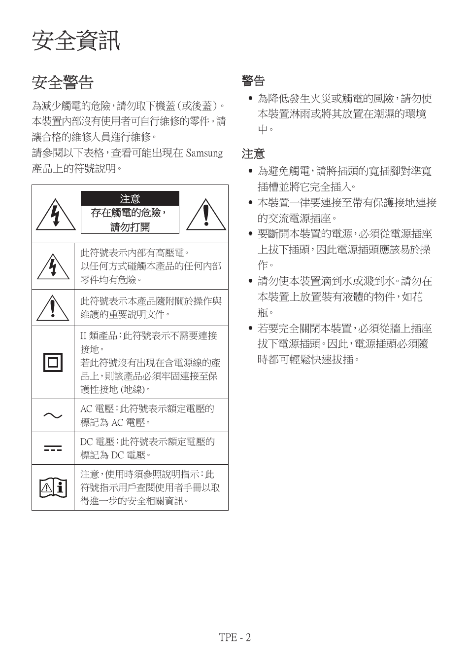 Hw-q600b_tpe, 安全資訊, 安全警告 | Samsung HW-Q600B 3.1.2-Channel Soundbar System User Manual | Page 85 / 127