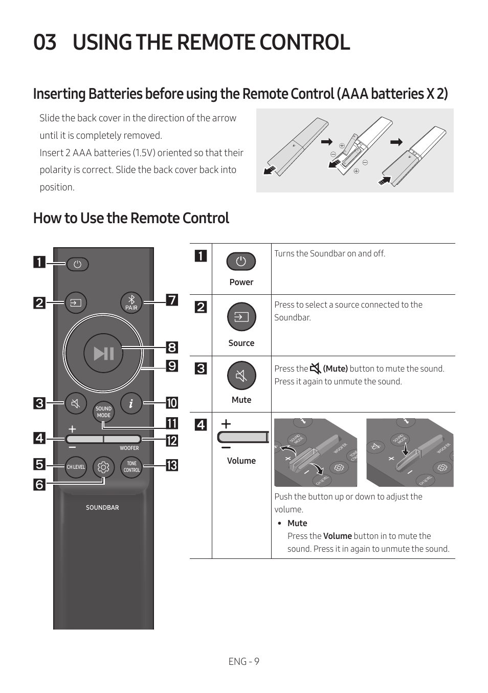 03 using the remote control, How to use the remote control, Using the remote control | Eng - 9, Power turns the soundbar on and off, Volume | Samsung HW-Q600B 3.1.2-Channel Soundbar System User Manual | Page 9 / 127