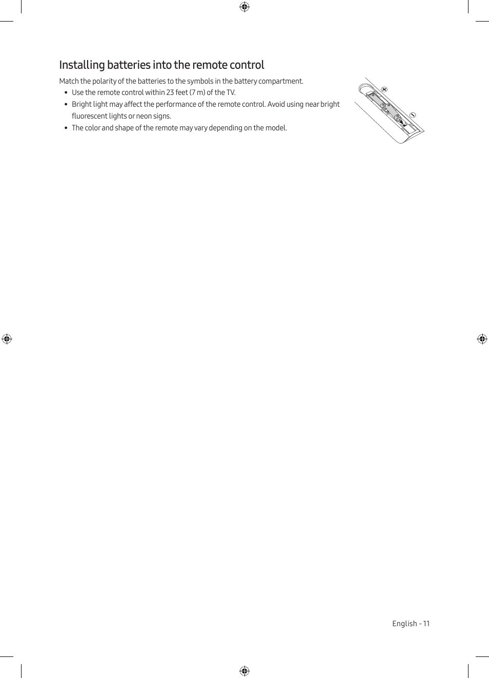 Installing batteries into the remote control | Samsung TU7000 43" Class HDR 4K UHD Smart LED TV User Manual | Page 11 / 20