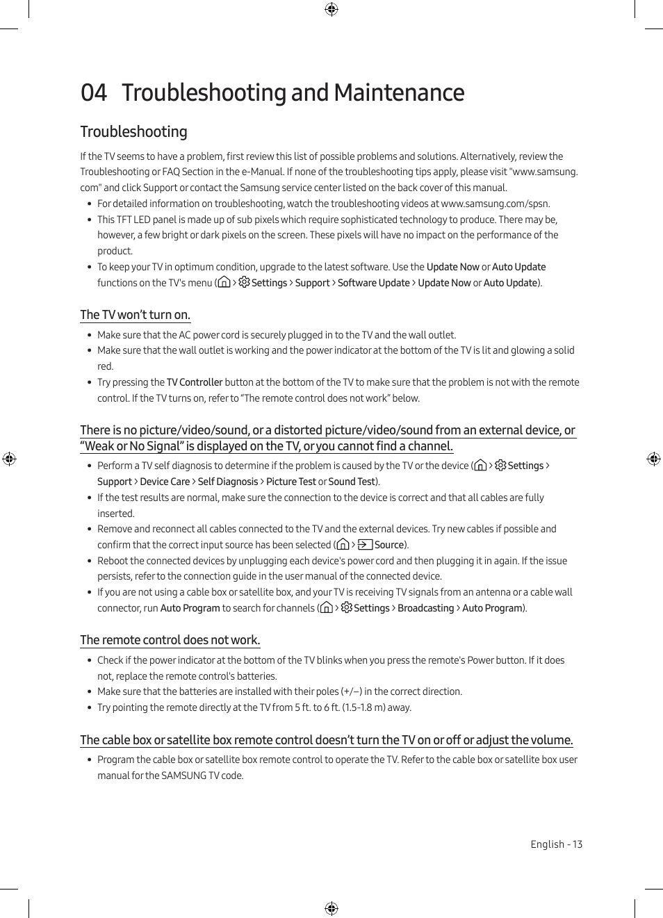 04 troubleshooting and maintenance, Troubleshooting, The tv won’t turn on | The remote control does not work, Troubleshooting and maintenance | Samsung TU7000 43" Class HDR 4K UHD Smart LED TV User Manual | Page 13 / 20