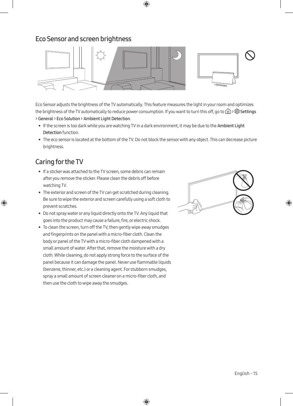 Eco sensor and screen brightness, Caring for the tv | Samsung TU7000 43" Class HDR 4K UHD Smart LED TV User Manual | Page 15 / 20