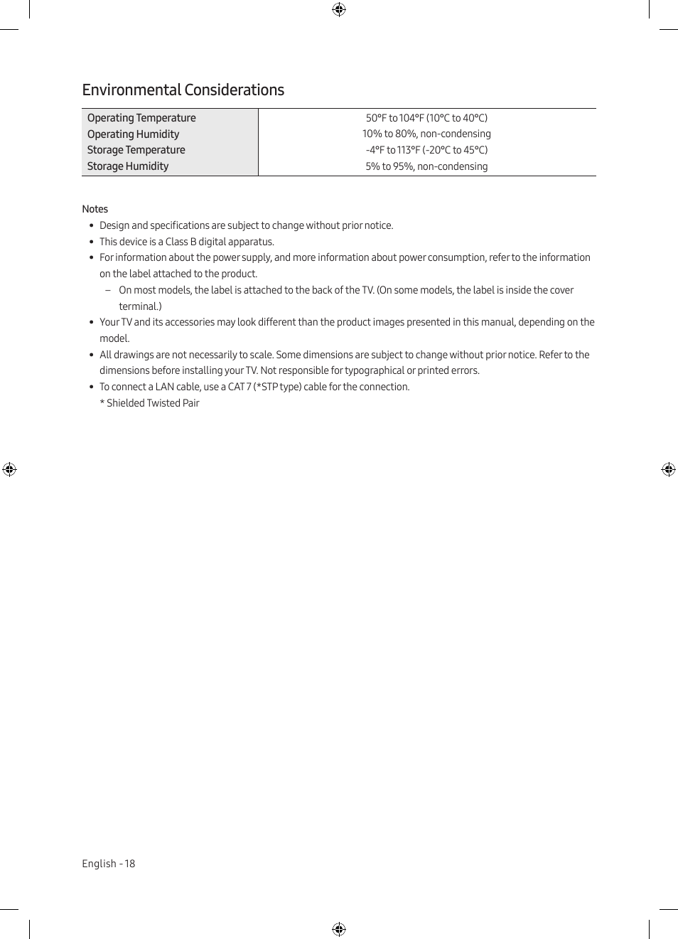 Environmental considerations | Samsung TU7000 43" Class HDR 4K UHD Smart LED TV User Manual | Page 18 / 20