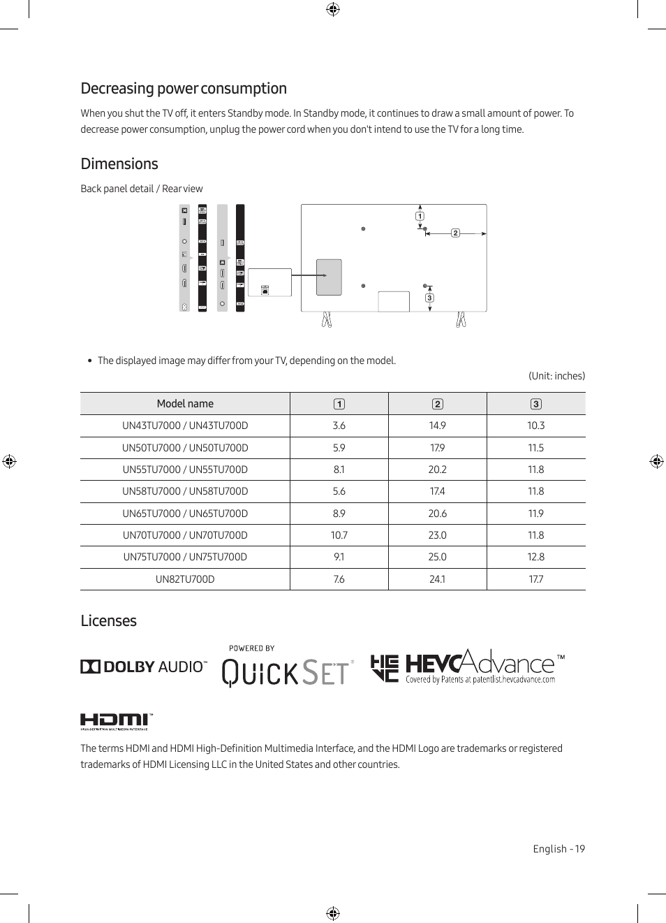 Decreasing power consumption, Dimensions, Licenses | Samsung TU7000 43" Class HDR 4K UHD Smart LED TV User Manual | Page 19 / 20