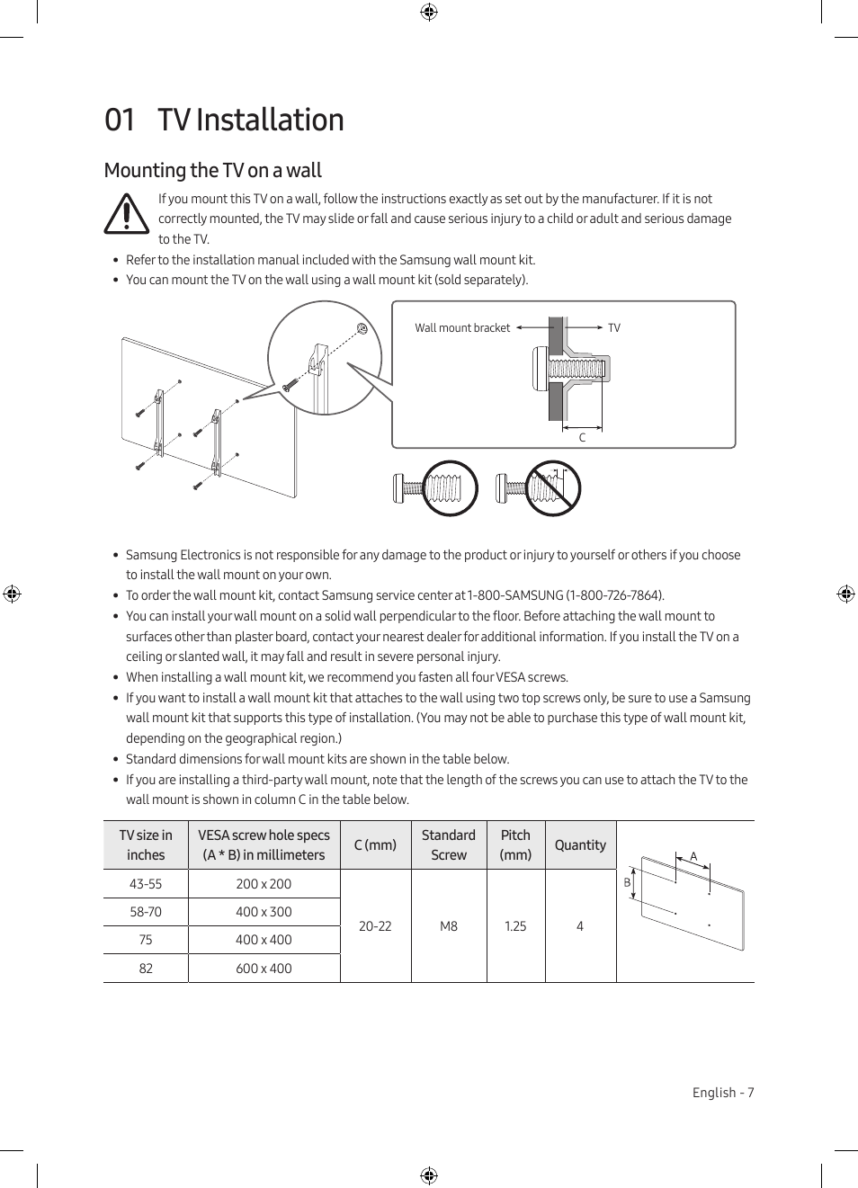 01 tv installation, Mounting the tv on a wall, Tv installation | Samsung TU7000 43" Class HDR 4K UHD Smart LED TV User Manual | Page 7 / 20