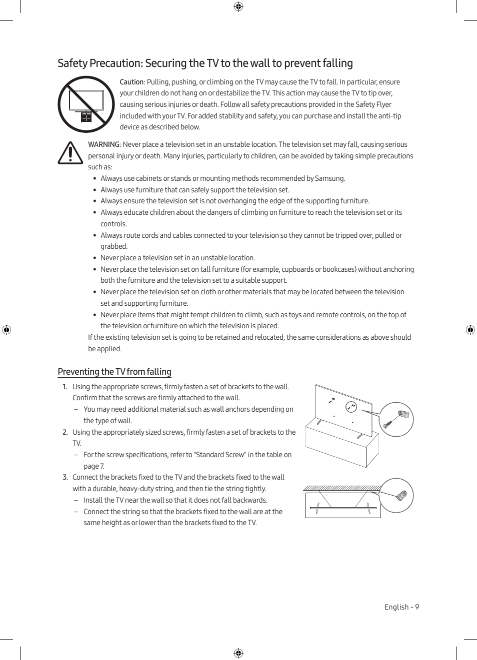 Preventing the tv from falling | Samsung TU7000 43" Class HDR 4K UHD Smart LED TV User Manual | Page 9 / 20