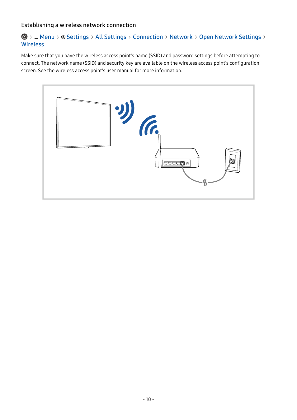 Establishing a wireless network connection | Samsung S95C 77" 4K HDR Quantum Dot OLED TV User Manual | Page 10 / 272