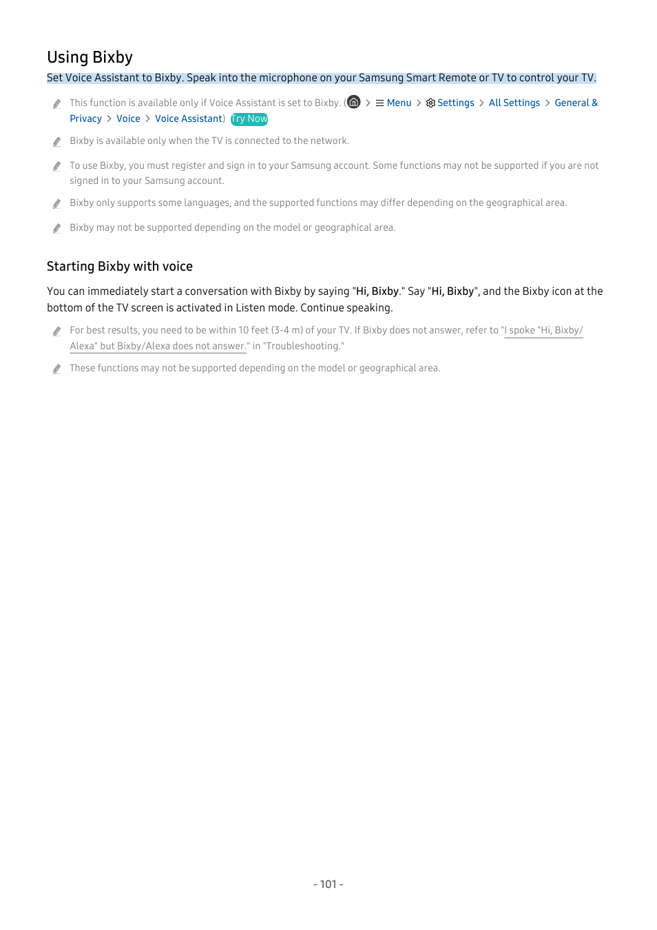 Using bixby, Starting bixby with voice, 101 using bixby | Samsung S95C 77" 4K HDR Quantum Dot OLED TV User Manual | Page 101 / 272