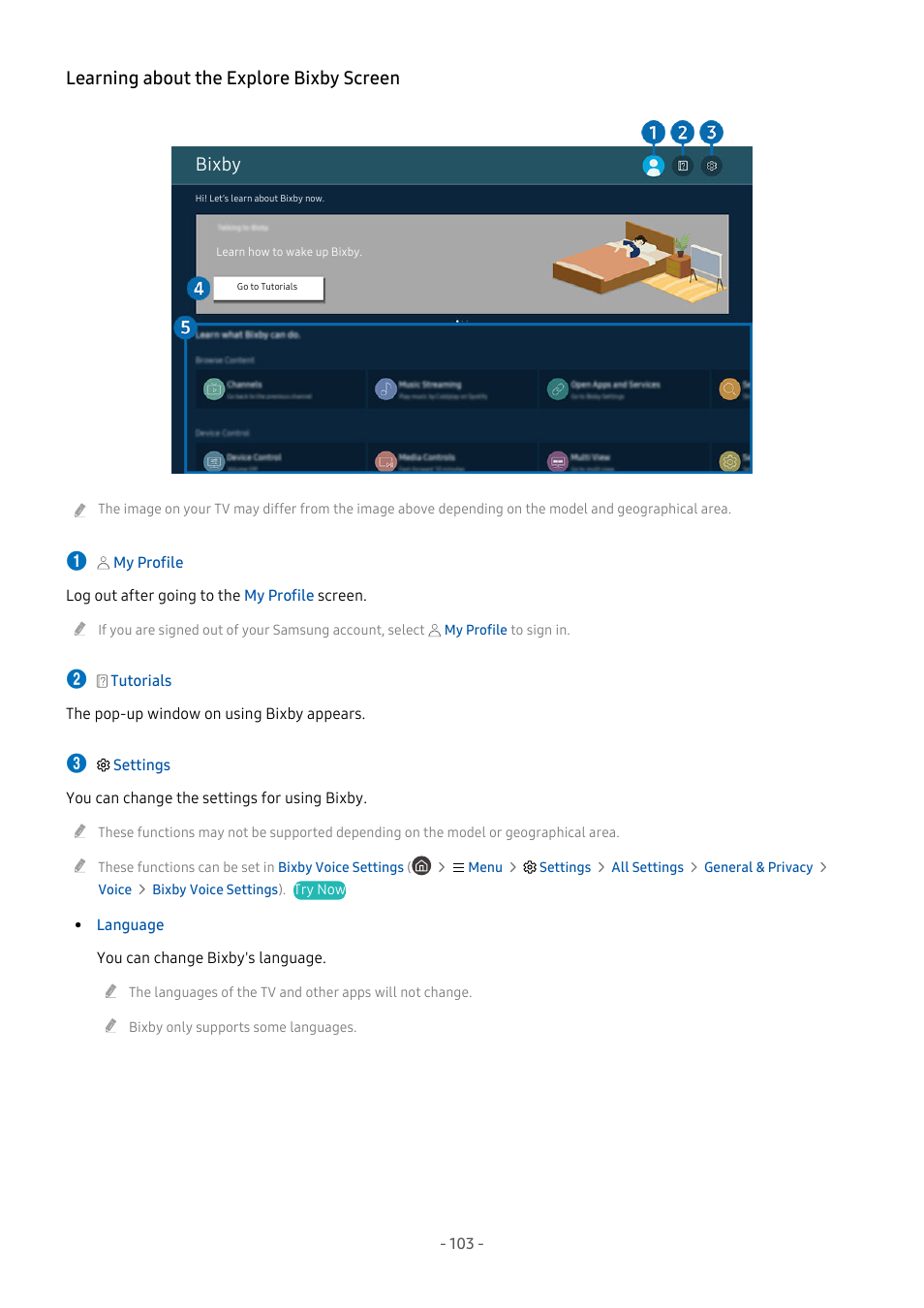 Learning about the explore bixby screen, Learning about the explore bixby screen bixby | Samsung S95C 77" 4K HDR Quantum Dot OLED TV User Manual | Page 103 / 272