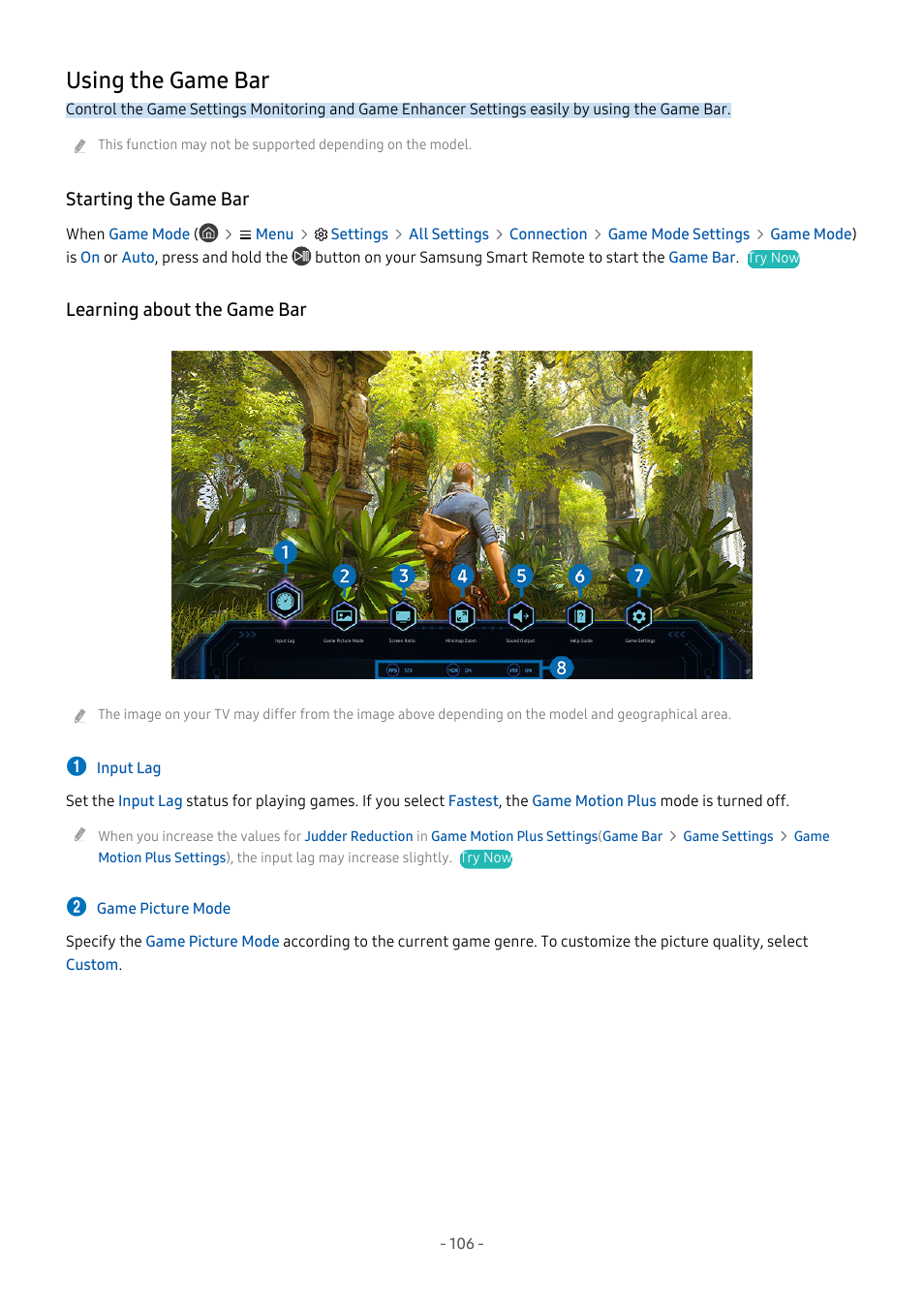 Using the game bar, Starting the game bar, Learning about the game bar | 106 using the game bar | Samsung S95C 77" 4K HDR Quantum Dot OLED TV User Manual | Page 106 / 272
