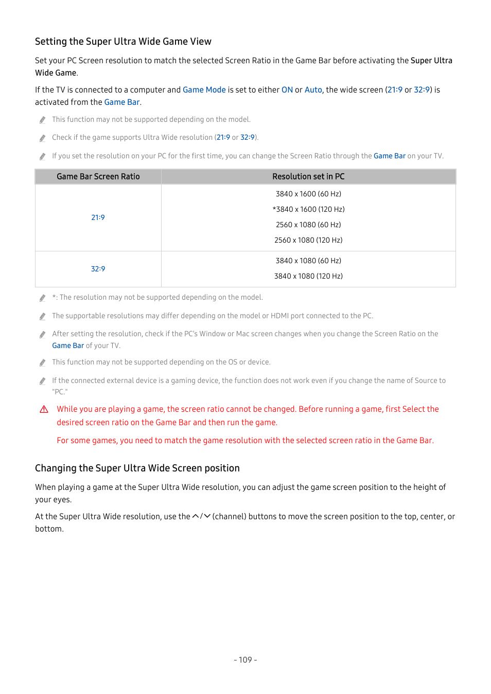 Setting the super ultra wide game view, Changing the super ultra wide screen position | Samsung S95C 77" 4K HDR Quantum Dot OLED TV User Manual | Page 109 / 272