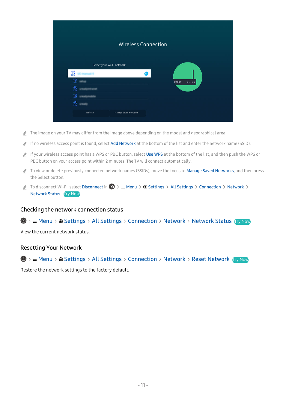Checking the network connection status, Resetting your network | Samsung S95C 77" 4K HDR Quantum Dot OLED TV User Manual | Page 11 / 272
