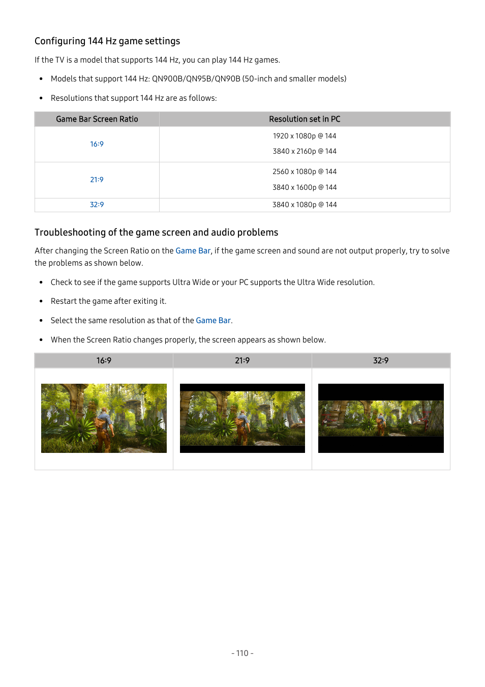 Configuring 144 hz game settings | Samsung S95C 77" 4K HDR Quantum Dot OLED TV User Manual | Page 110 / 272