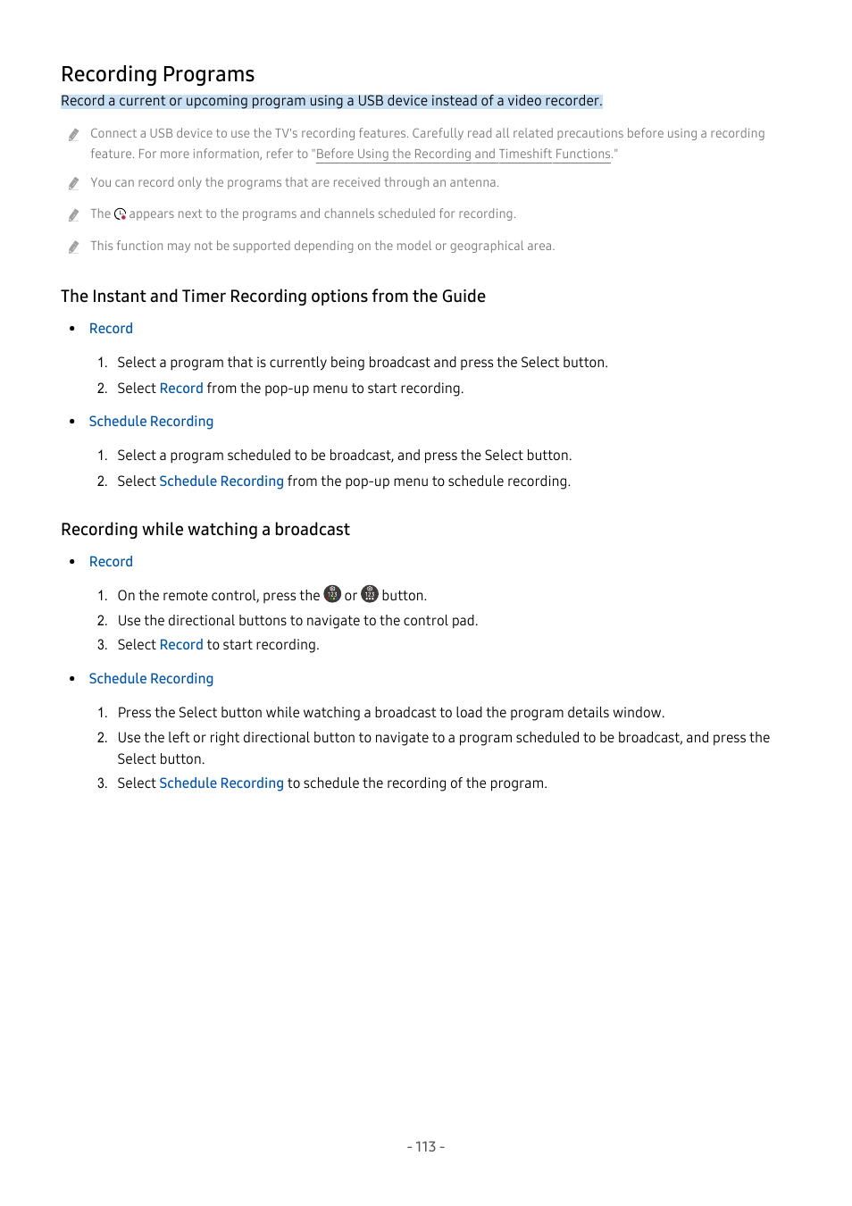 Recording programs, Recording while watching a broadcast, 113 recording programs | Samsung S95C 77" 4K HDR Quantum Dot OLED TV User Manual | Page 113 / 272