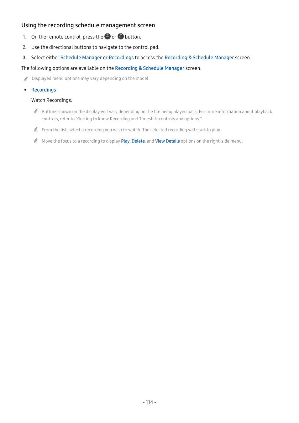 Using the recording schedule management screen | Samsung S95C 77" 4K HDR Quantum Dot OLED TV User Manual | Page 114 / 272