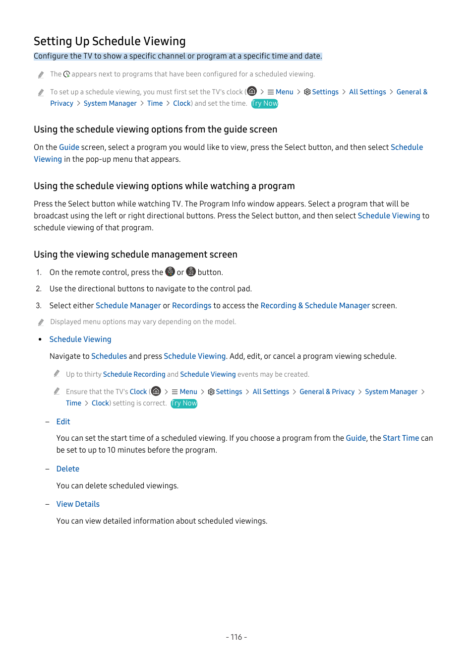 Setting up schedule viewing, Using the viewing schedule management screen, 116 setting up schedule viewing | Samsung S95C 77" 4K HDR Quantum Dot OLED TV User Manual | Page 116 / 272