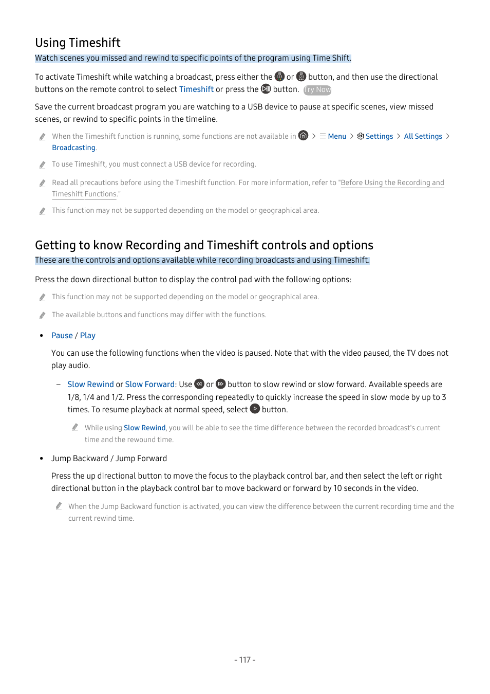 Using timeshift, 117 using timeshift, Options | Samsung S95C 77" 4K HDR Quantum Dot OLED TV User Manual | Page 117 / 272