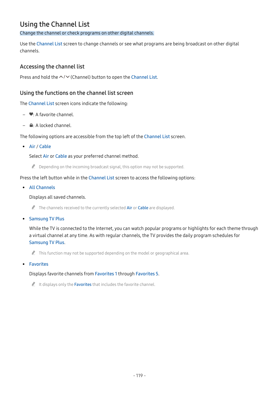 Using the channel list, Accessing the channel list, Using the functions on the channel list screen | 119 using the channel list | Samsung S95C 77" 4K HDR Quantum Dot OLED TV User Manual | Page 119 / 272