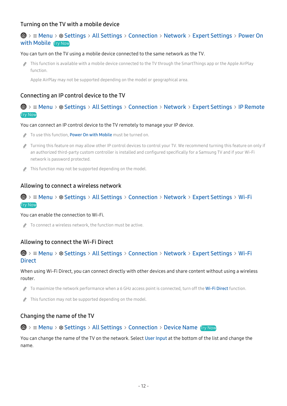 Turning on the tv with a mobile device, Connecting an ip control device to the tv, Allowing to connect a wireless network | Allowing to connect the wi-fi direct, Changing the name of the tv | Samsung S95C 77" 4K HDR Quantum Dot OLED TV User Manual | Page 12 / 272