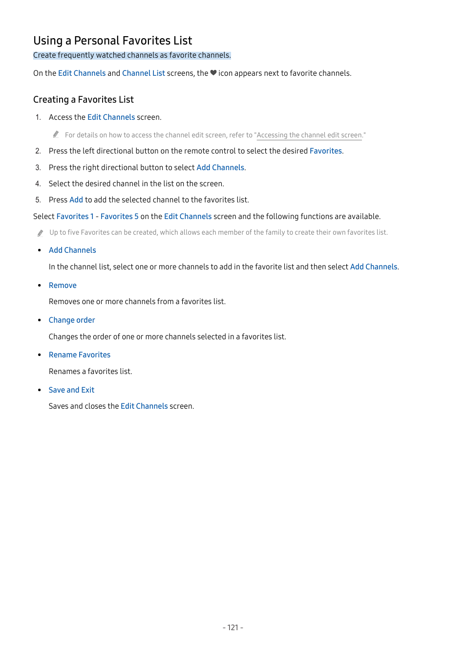 Using a personal favorites list, Creating a favorites list, 121 using a personal favorites list | Samsung S95C 77" 4K HDR Quantum Dot OLED TV User Manual | Page 121 / 272