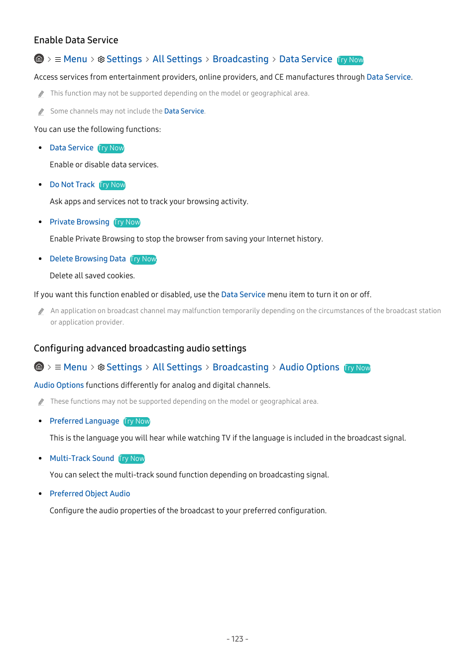 Enable data service, Configuring advanced broadcasting audio settings | Samsung S95C 77" 4K HDR Quantum Dot OLED TV User Manual | Page 123 / 272