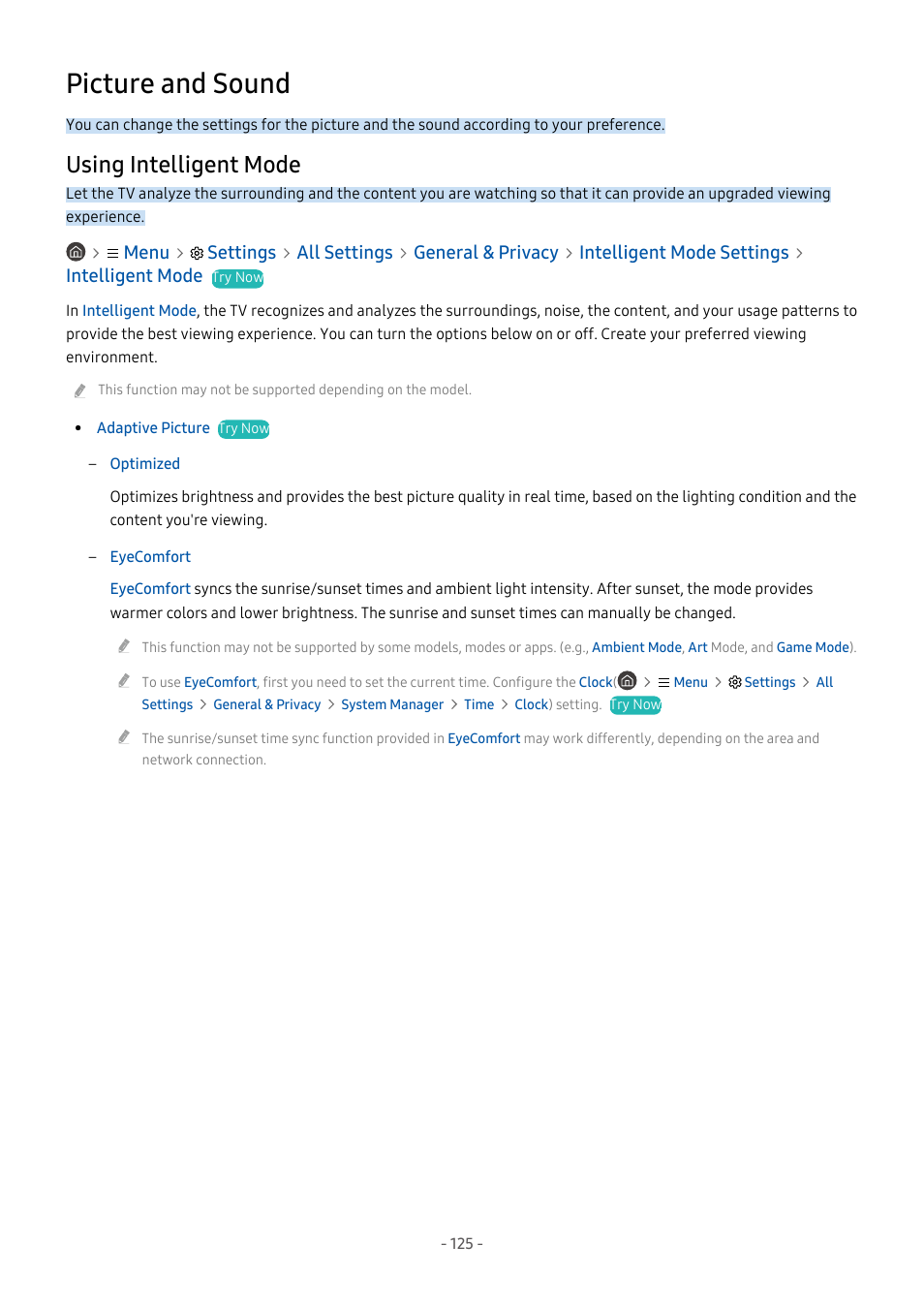Picture and sound, Using intelligent mode, 125 using intelligent mode | Samsung S95C 77" 4K HDR Quantum Dot OLED TV User Manual | Page 125 / 272
