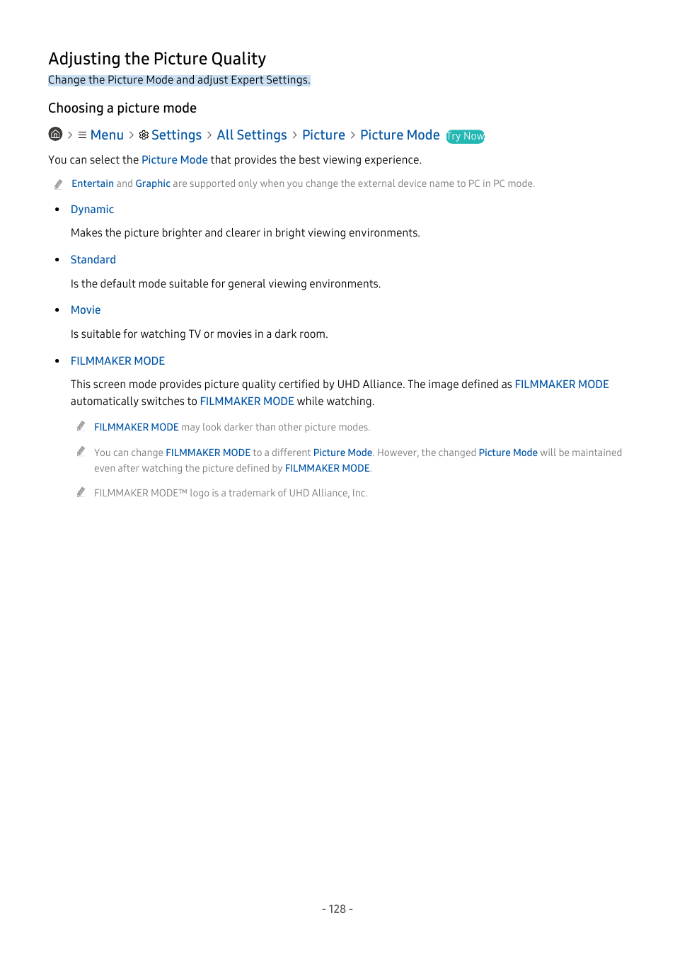 Adjusting the picture quality, Choosing a picture mode, 128 adjusting the picture quality | Samsung S95C 77" 4K HDR Quantum Dot OLED TV User Manual | Page 128 / 272