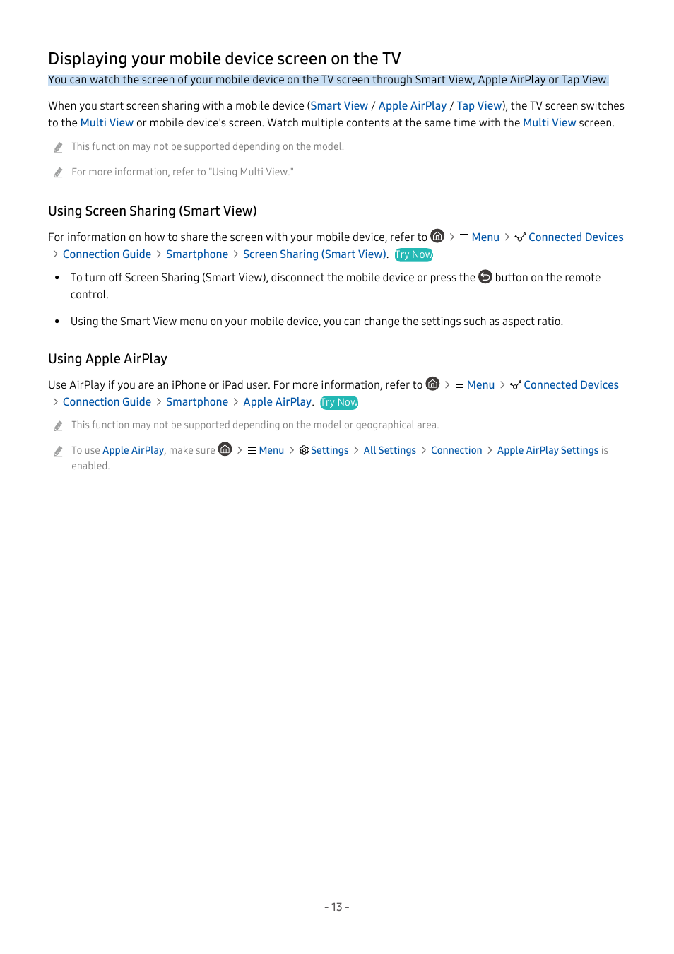 Displaying your mobile device screen on the tv, Using screen sharing (smart view), Using apple airplay | 13 displaying your mobile device screen on the tv | Samsung S95C 77" 4K HDR Quantum Dot OLED TV User Manual | Page 13 / 272