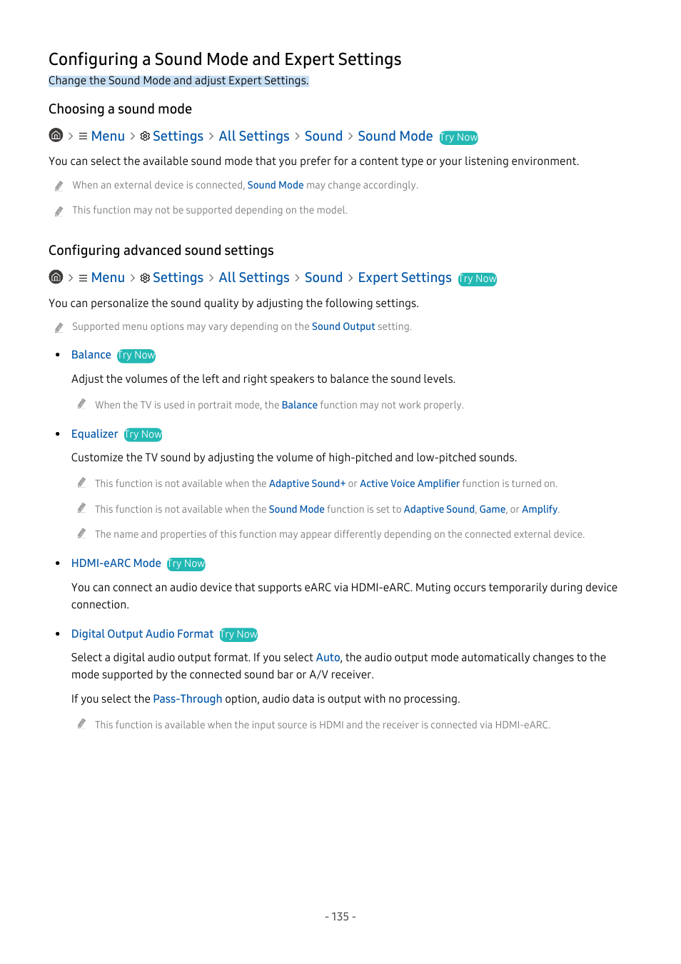Configuring a sound mode and expert settings, Choosing a sound mode, Configuring advanced sound settings | 135 configuring a sound mode and expert settings | Samsung S95C 77" 4K HDR Quantum Dot OLED TV User Manual | Page 135 / 272