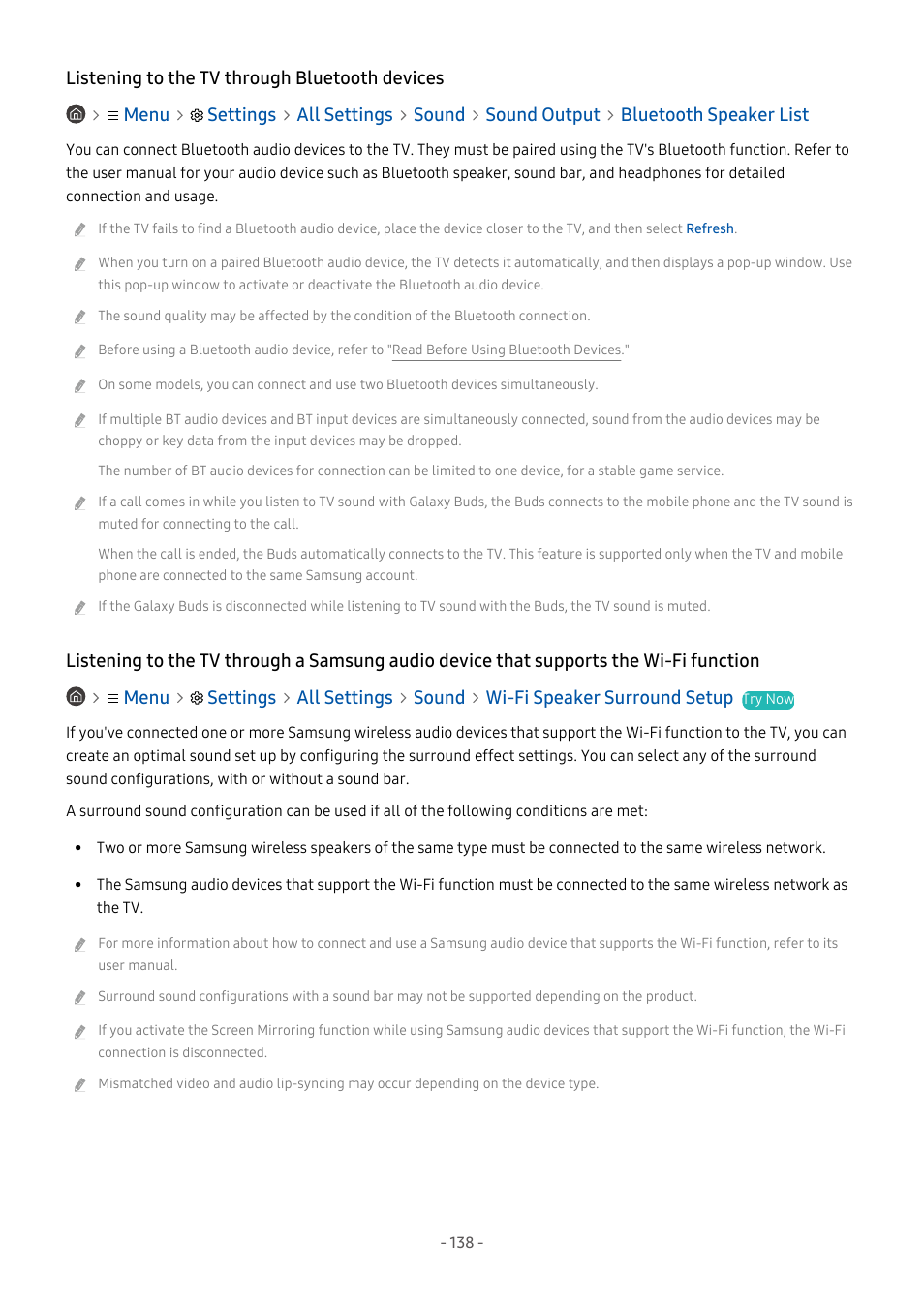 Listening to the tv through bluetooth devices | Samsung S95C 77" 4K HDR Quantum Dot OLED TV User Manual | Page 138 / 272