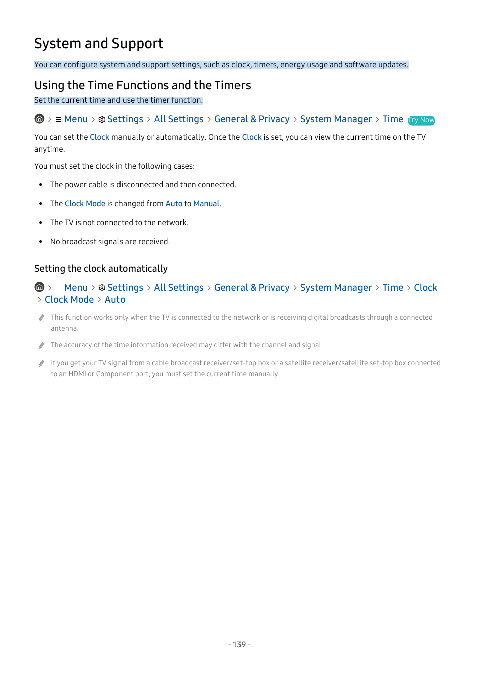 System and support, Using the time functions and the timers, Setting the clock automatically | 139 using the time functions and the timers | Samsung S95C 77" 4K HDR Quantum Dot OLED TV User Manual | Page 139 / 272