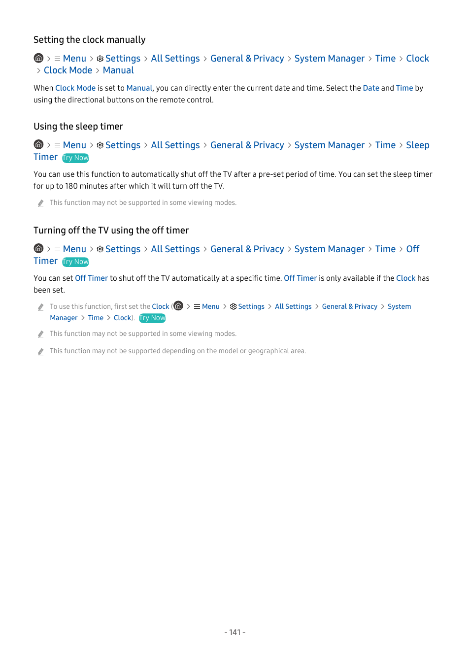 Setting the clock manually, Using the sleep timer, Turning off the tv using the off timer | Samsung S95C 77" 4K HDR Quantum Dot OLED TV User Manual | Page 141 / 272