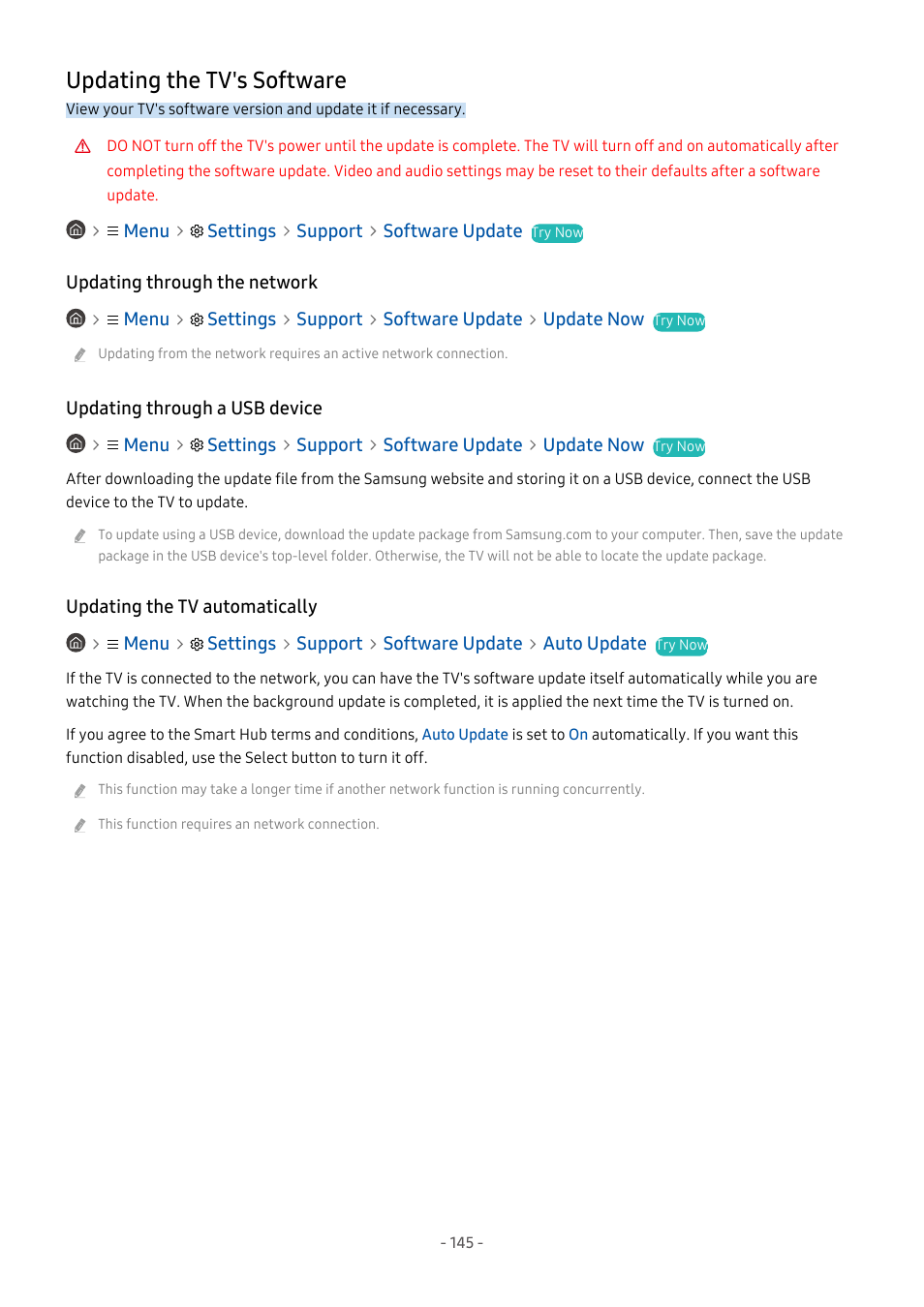 Updating the tv's software, Updating through the network, Updating through a usb device | Updating the tv automatically, 145 updating the tv's software | Samsung S95C 77