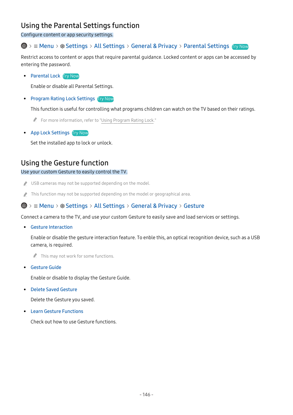 Using the parental settings function, Using the gesture function, 146 using the parental settings function | 146 using the gesture function | Samsung S95C 77" 4K HDR Quantum Dot OLED TV User Manual | Page 146 / 272